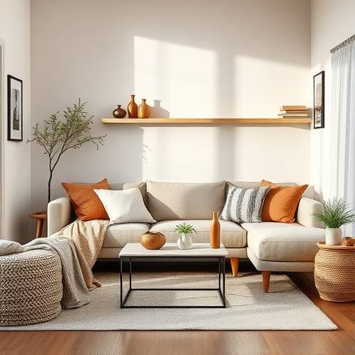 Stilfullt hjørne av en stue med en 'Hygge' sofa, et 'Isbre' salongbord og en 'Lysning' hylle